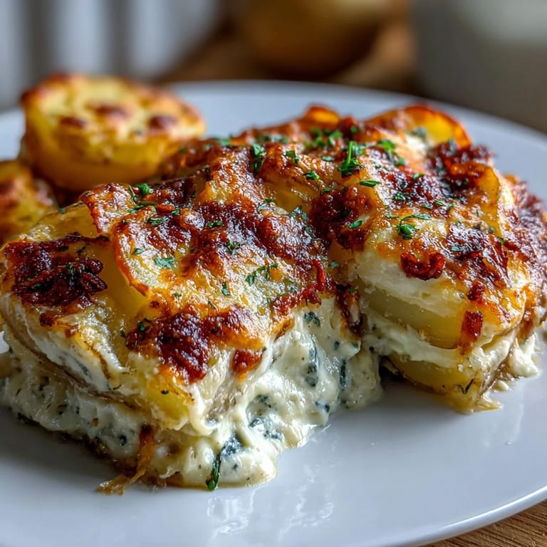 A close-up view of golden-brown, bubbly Gruyère cheese melted over layers of creamy potatoes.