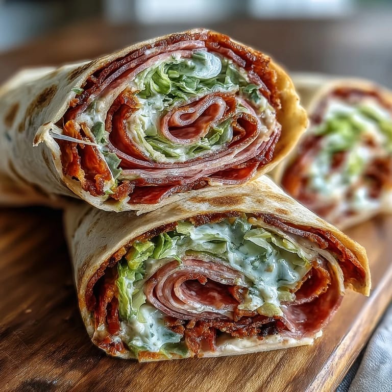 Savory Italian Sub Pinwheel Wraps arranged on a platter, featuring rolled tortillas packed with classic sub ingredients and zesty dressing.