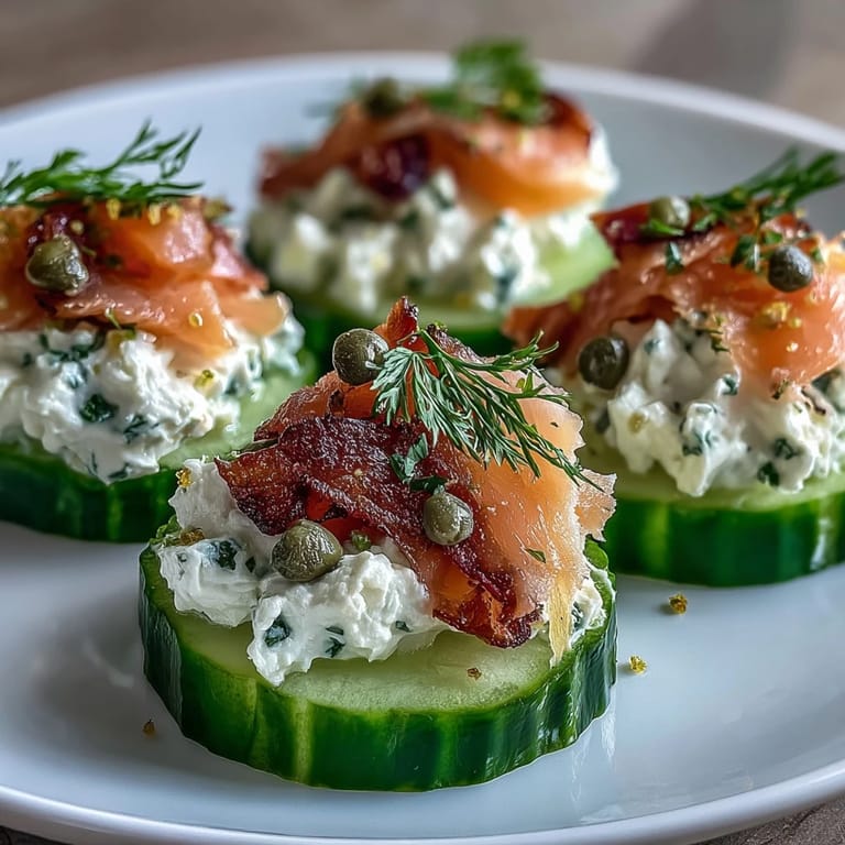 Elegant smoked salmon and cream cheese cucumber bites garnished with capers and fresh dill for summer entertaining.