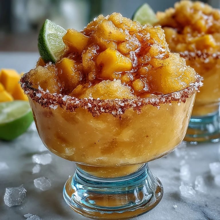 Refreshing frozen mango margarita mocktail blended with lime and orange, served in Tajín-rimmed glass with ice.