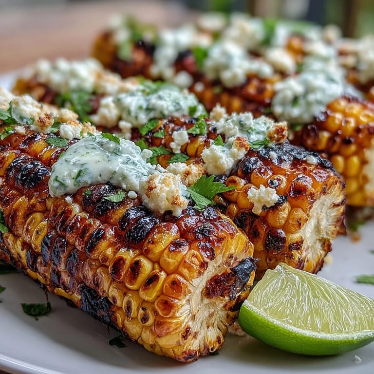 Golden grilled corn on the cob slathered in tangy sauce, topped with crumbled cheese and fresh cilantro.