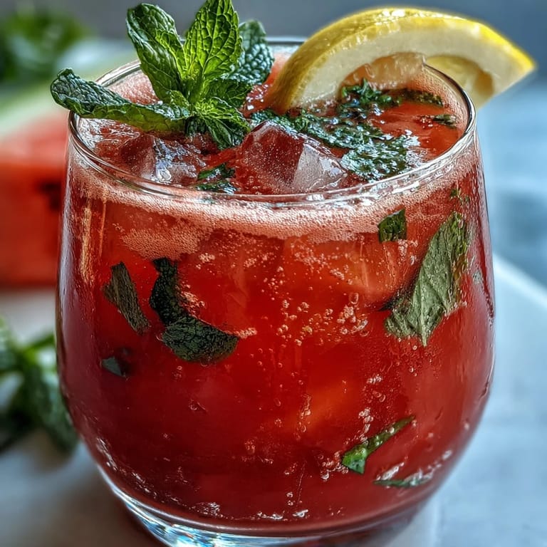 Vibrant pink watermelon lemonade with fresh mint, served over ice in chilled glasses, ideal for outdoor gatherings.