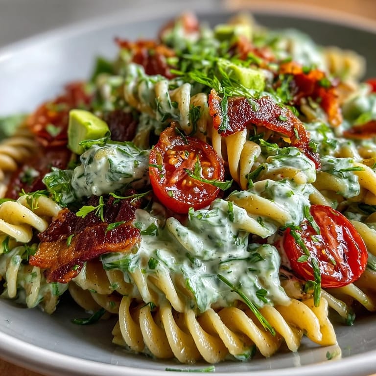 This easy BLT pasta with avocado ranch features juicy tomatoes, crunchy bacon, and a zesty homemade dressing.