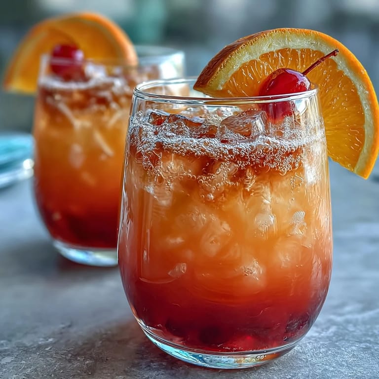 Layered sunrise mocktail featuring orange and pineapple juices, sweet grenadine syrup, and fizzy soda, perfect for summer parties.