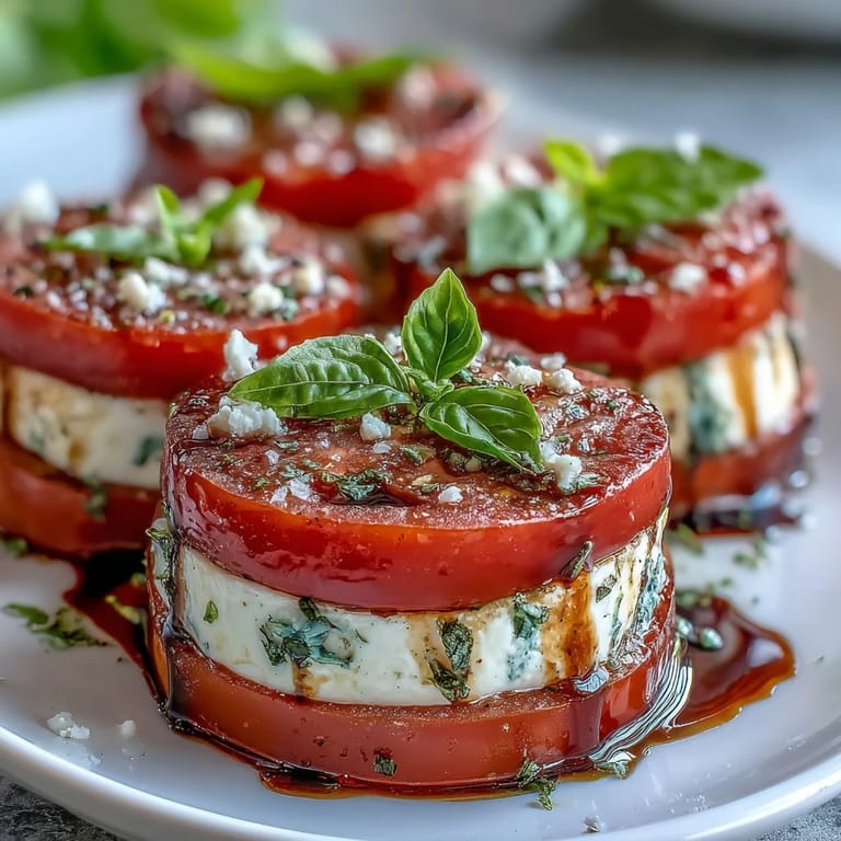 Ripe tomato and mozzarella slices layered with fresh basil, finished with a homemade basil oil drizzle in this elegant Caprese salad recipe.