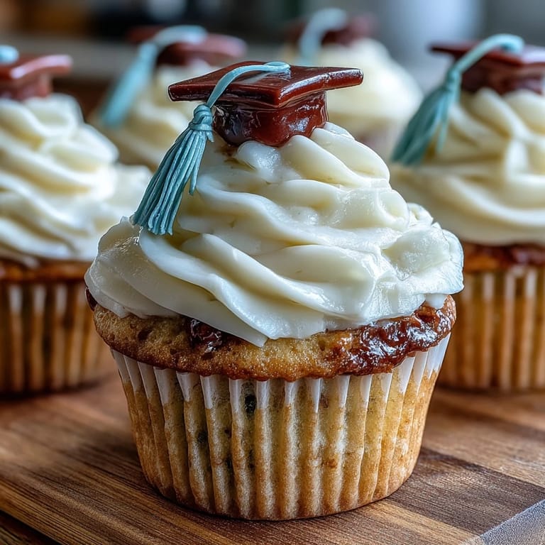 Simple Graduation Cupcakes with Cap Fondant Toppers: adorable buttercream-frosted cupcakes decorated with handmade black fondant caps and yellow tassels.