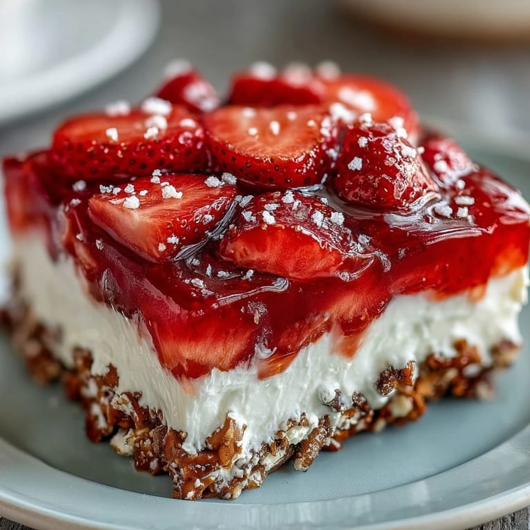 Sweet and salty pretzel crust layered with cream cheese filling and vibrant strawberry gelatin topping.