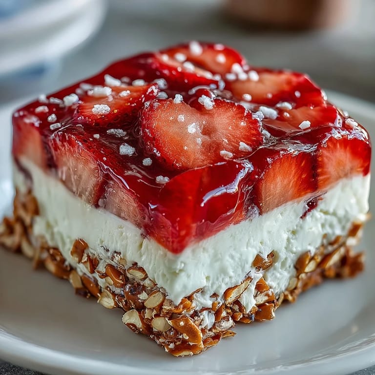 Chilled strawberry pretzel salad dessert with juicy berries and smooth cheesecake layer, perfect for summer celebrations.