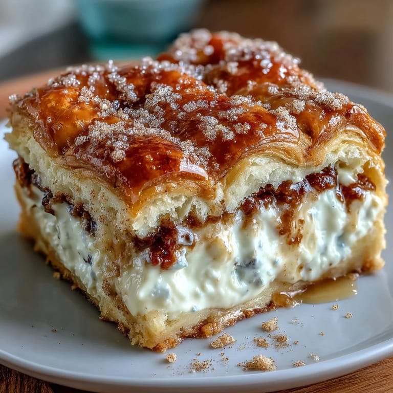 Flaky crescent roll base topped with rich cheesecake filling and a sweet cinnamon sugar crust, ideal for festive gatherings.