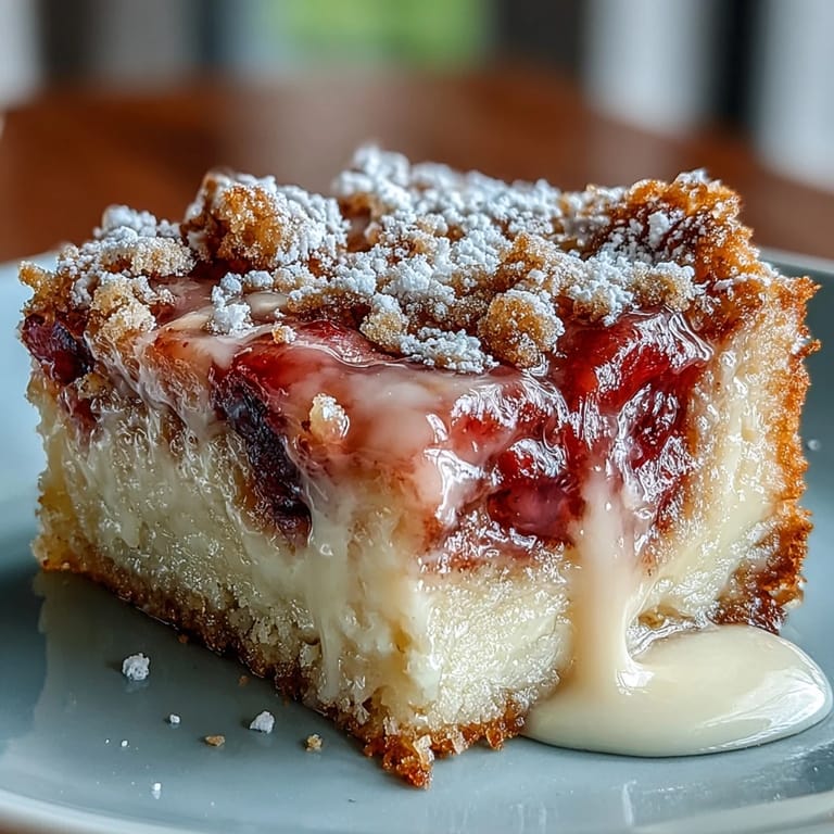 Creamy custard filling layered over tangy rhubarb and crisp shortbread, a delightful vegetarian treat.  