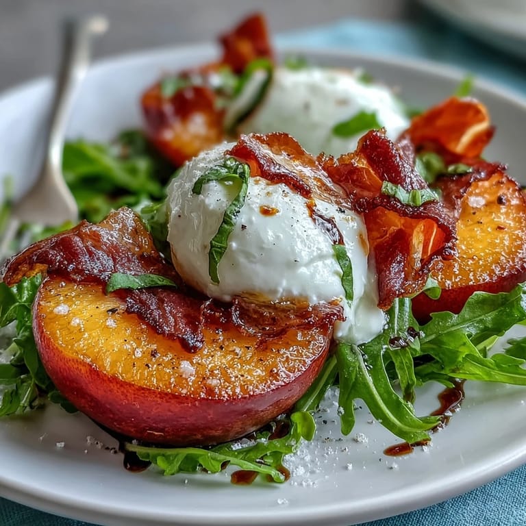 Fresh burrata and ripe peaches shine in this easy salad, topped with prosciutto and basil, finished with olive oil and balsamic drizzle.