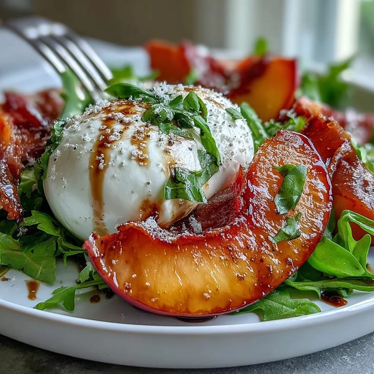 Colorful burrata and peach salad with prosciutto ribbons, served on arugula and dressed with tangy balsamic glaze for a refreshing meal.