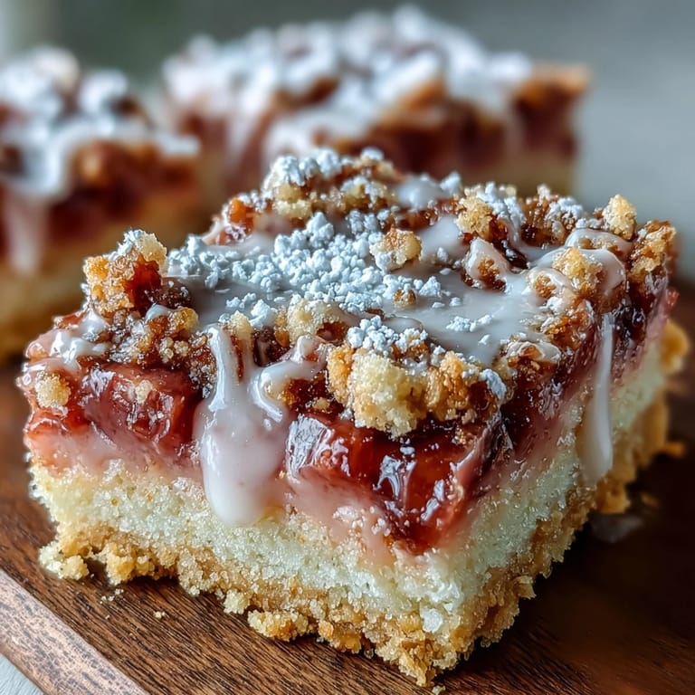 Rich custard and fresh rhubarb slices atop golden shortbread crust, perfect for sharing at gatherings.