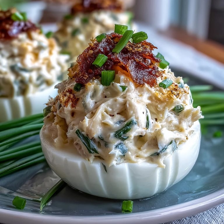 3. These elegant deviled eggs feature lump crab meat and zesty Old Bay, perfect for holiday gatherings or brunch spreads.