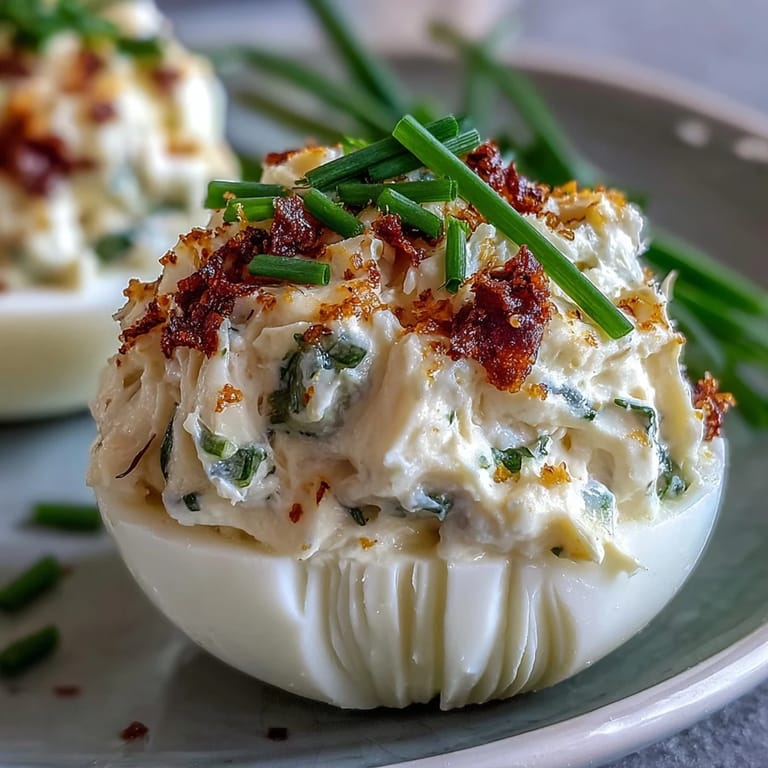 2. Creamy crab filling stuffed into halved eggs, topped with Old Bay seasoning and chives for a Southern-inspired party bite.  