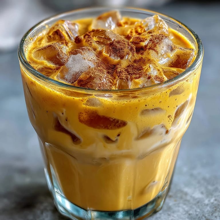 Close-up of a Turmeric Golden Milk Iced Latte, showcasing warm spices and a cool, smooth texture.