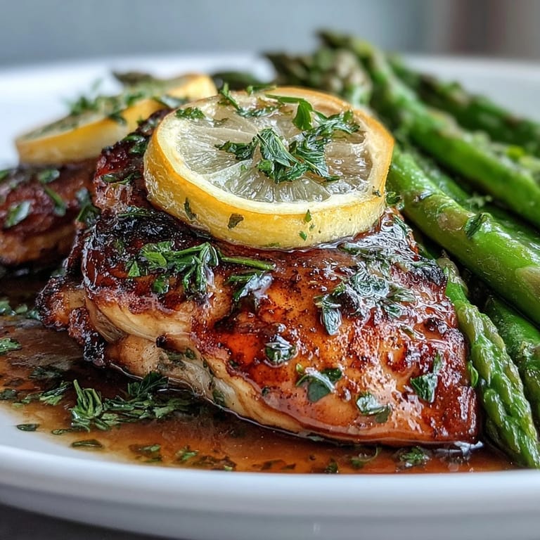 Beautiful sheet pan dinner of One-Pan Lemon Herb Chicken and Asparagus, ready to serve.