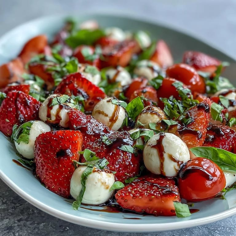 Colorful Fresh Strawberry Caprese Salad, perfect light appetizer with basil and tomatoes.