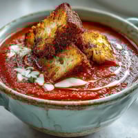 A bowl of homemade roasted tomato soup garnished with golden croutons and fresh thyme leaves.  