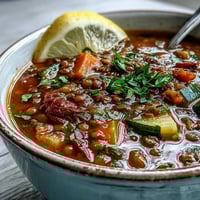 A steaming bowl of Lentil and Vegetable Soup, with vibrant carrots, celery, and spinach in a savory broth.  