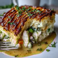 Golden, crispy mashed potato topping covers a creamy, fragrant curried fish pie with shrimp and peas.