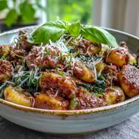 Steaming Sausage Gnocchi with kale in a rich red sauce, ready to serve for a cozy Italian-inspired dinner.