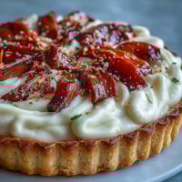 Freshly baked Rhubarb, White Chocolate, and Elderflower Tart slices sit on a marble surface, showcasing vibrant roasted rhubarb and creamy white chocolate custard filling.