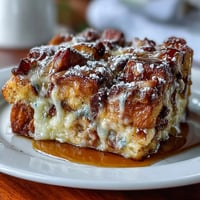 Golden baked Monte Cristo breakfast casserole with bubbling cheese in a white baking dish