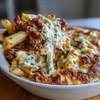 Golden-brown Cottage Cheese Protein Pasta Bake with ground beef, bubbling mozzarella, and fresh basil garnish.