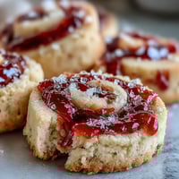 Golden Raspberry Swirl Shortbread Cookies, with jam-filled centers and buttery crumbly edges, arranged on a rustic wooden table.