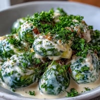 Roasted Brussels Sprouts in Cream Cheese-Mustard Sauce are garnished with fresh parsley and served warm.