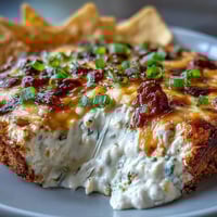 Creamy Crack Corn Dip with cheddar and jalapeños in a white serving bowl with tortilla chips.