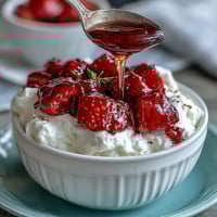 A bowl of creamy Greek yogurt topped with vibrant strawberry compote, crunchy nuts, and a drizzle of honey for a fresh breakfast treat.