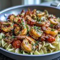 One-Pot Garlic Shrimp with Angel Hair pasta in a skillet, surrounded by fresh vegetables and lemon wedges.