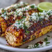 Grilled corn elote style with creamy sauce, chili powder, and Cotija cheese for a classic Mexican street food flavor.