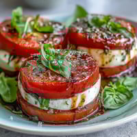 A vibrant Caprese salad with ripe tomatoes, creamy mozzarella, and fresh basil, drizzled with fragrant basil oil for a classic Italian appetizer.