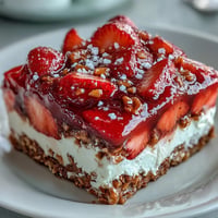 Festive Memorial Day Strawberry Pretzel Salad with creamy cheesecake and fresh strawberries in strawberry gelatin.