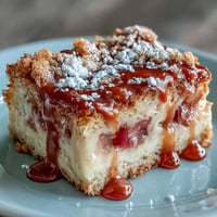 Golden rhubarb custard bars with buttery shortbread crust, dusted with powdered sugar for a springtime dessert.  