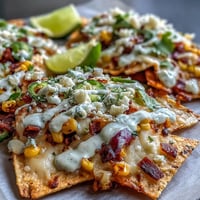 Vibrant Cinco de Mayo elote nachos loaded with melted cheese, charred corn, and smoky chipotle crema drizzle.
